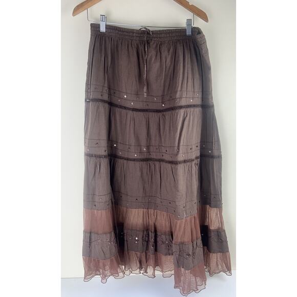 Y2K Cariloha Brown Midi Maxi Skirt Ruffle Tiered Boho Fairy Forest Large Sheer - Picture 1 of 13